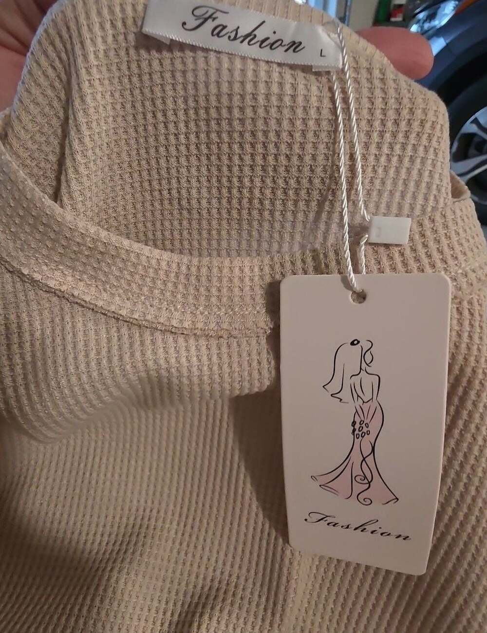 Fashion Waffle Knit Long Sleeve Crewneck Pullover Top Beige Size L NWT